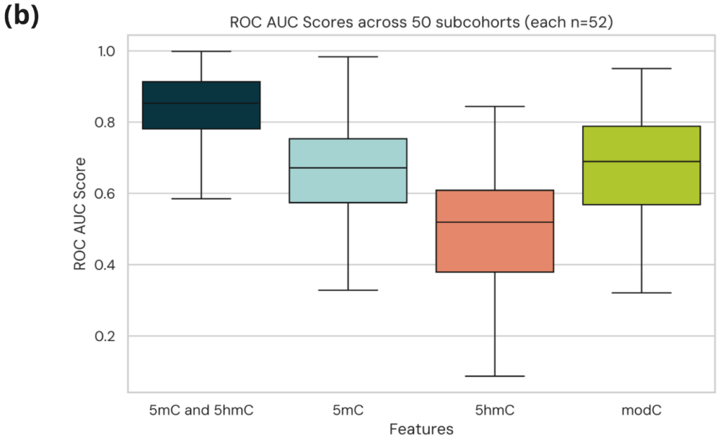 Box plot showing AUCs across 500 sub-cohorts for the different models demonstrate 5mC and 5hmC are consistently the most performative and the discriminatory signal is robust to cohort changes.